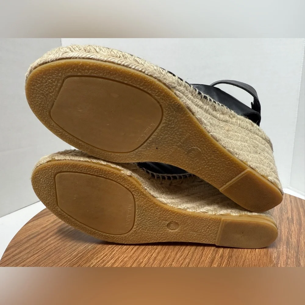 Vince Seymour Covered Black Leather Open Toe Espadrille Jute Wedge Sandal 9M